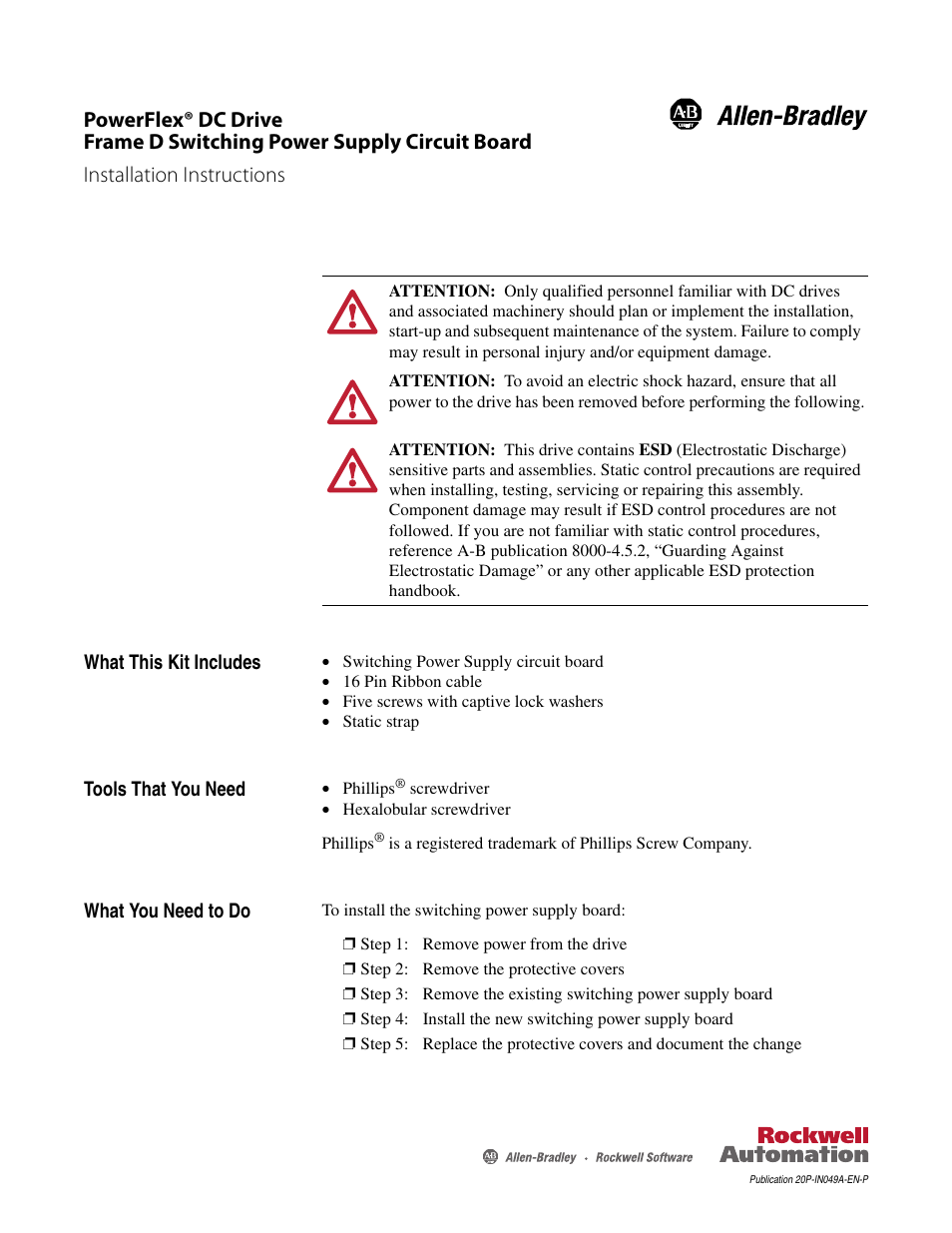 Rockwell Automation 20P PowerFlex DC Drive - Frame D Switching Power Supply Circuit Board User Manual | 6 pages