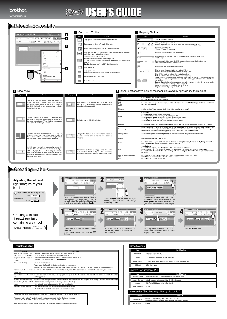 User’s guide, Creating labels, P-touch editor lite | Command toolbar property toolbar | Brother PT-2430PC User Manual | Page 2 / 2
