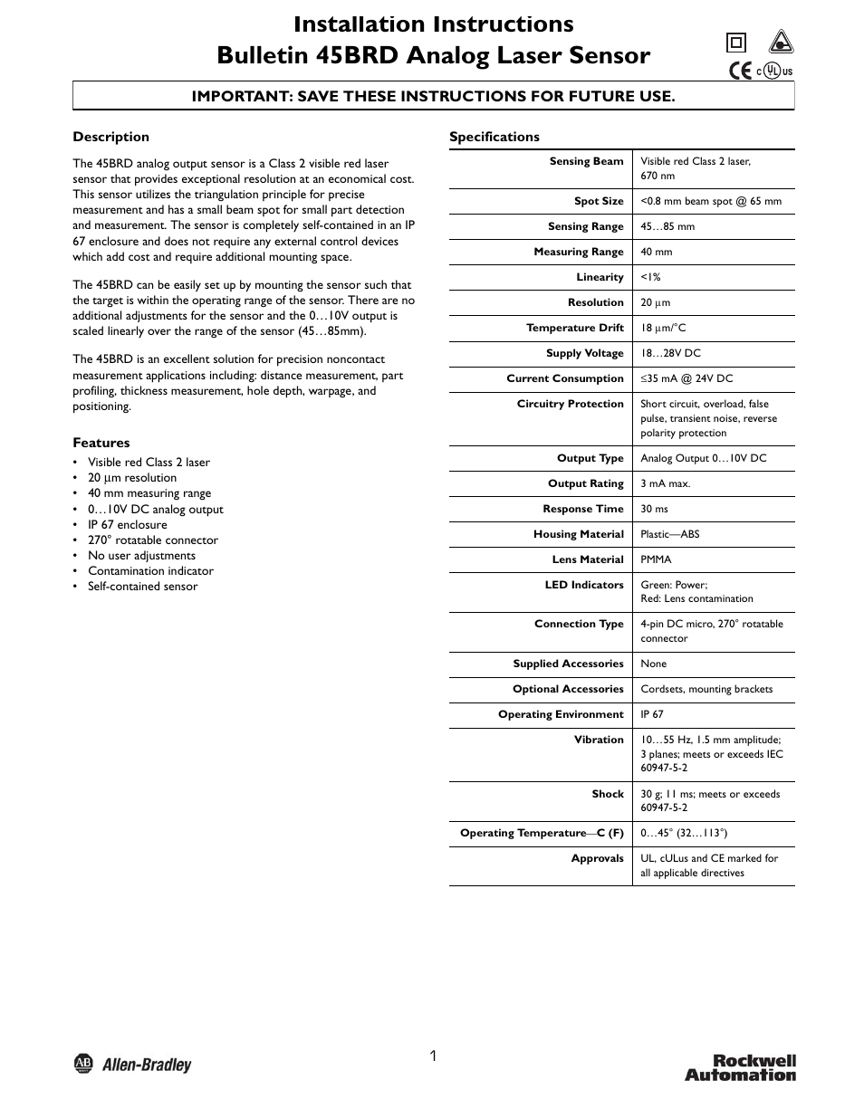 Rockwell Automation 45BRD Analog Laser Sensor User Manual | 4 pages