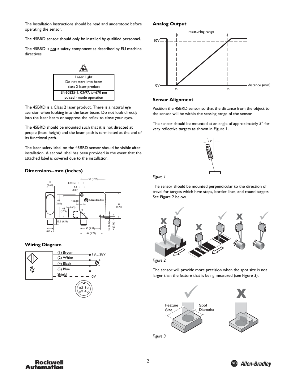 Dimensions--mm (inches) wiring diagram, Analog output sensor alignment | Rockwell Automation 45BRD Analog Laser Sensor User Manual | Page 2 / 4