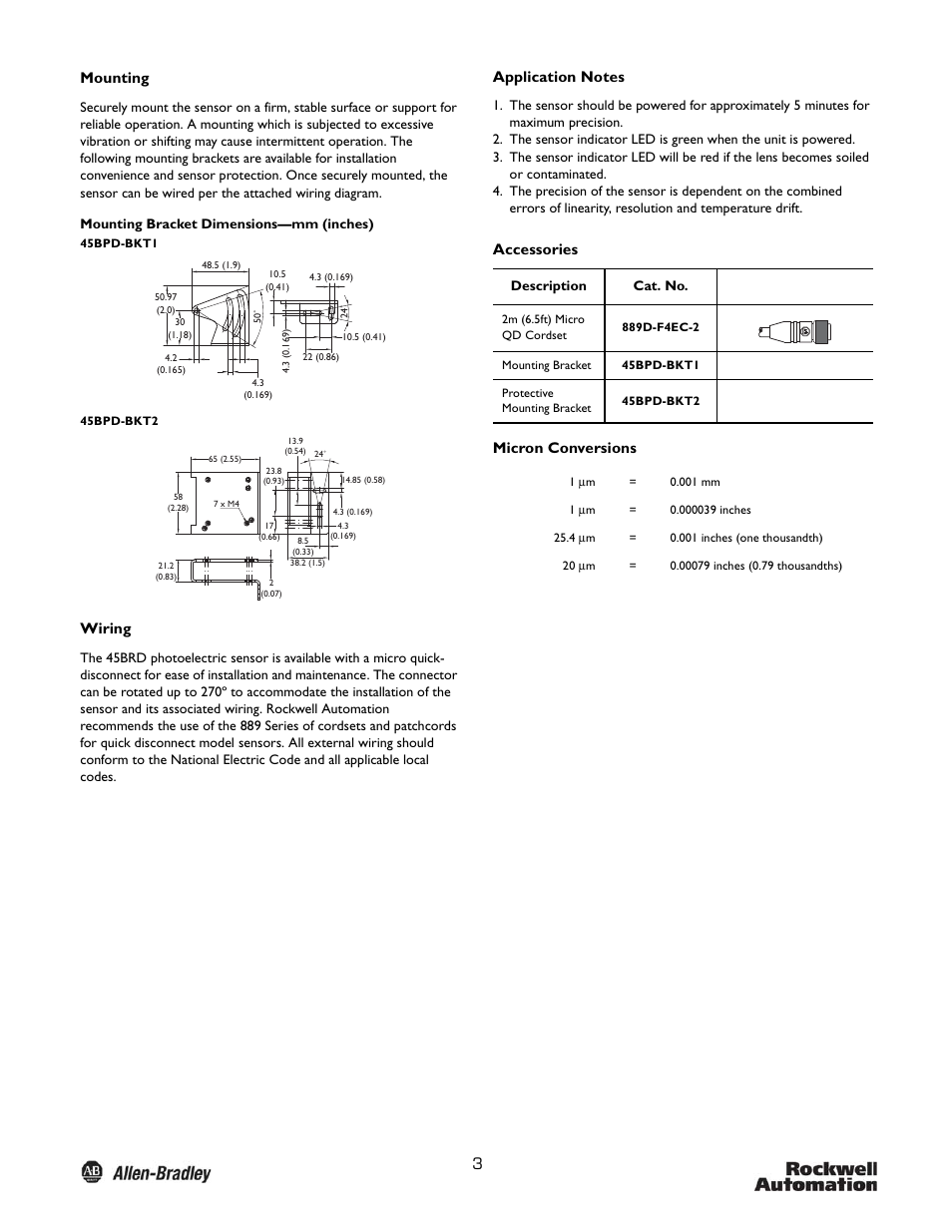 3mounting, Wiring, Accessories micron conversions | Rockwell Automation 45BRD Analog Laser Sensor User Manual | Page 3 / 4