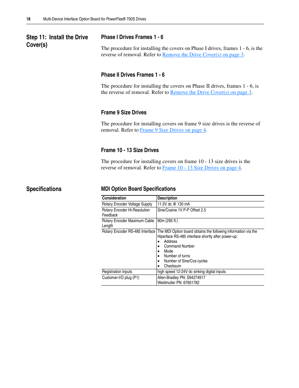 Step 11: install the drive cover(s), Specifications | Rockwell Automation 20D-MDI-C1 Multi-Device Interface Option Board for PowerFlex 700S Drives User Manual | Page 18 / 20