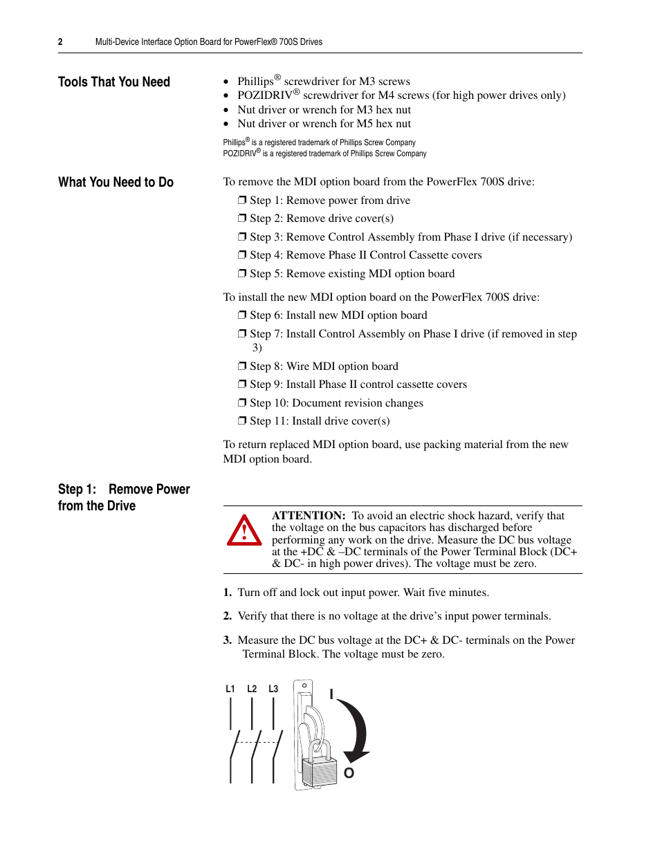 Tools that you need, What you need to do, Step 1: remove power from the drive | Rockwell Automation 20D-MDI-C1 Multi-Device Interface Option Board for PowerFlex 700S Drives User Manual | Page 2 / 20
