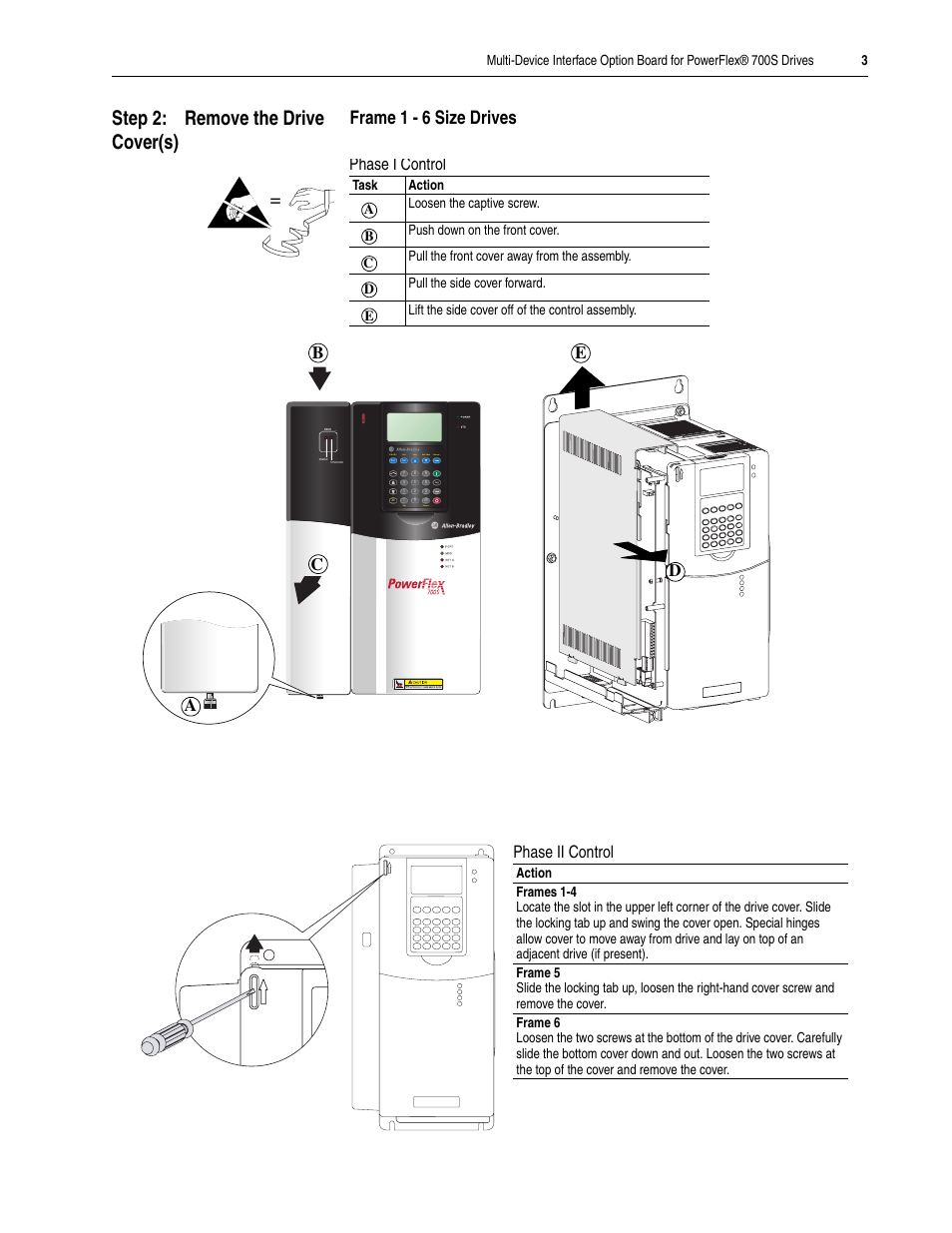 Step 2: remove the drive cover(s), Frame 1 - 6 size drives, Phase ii control | Rockwell Automation 20D-MDI-C1 Multi-Device Interface Option Board for PowerFlex 700S Drives User Manual | Page 3 / 20