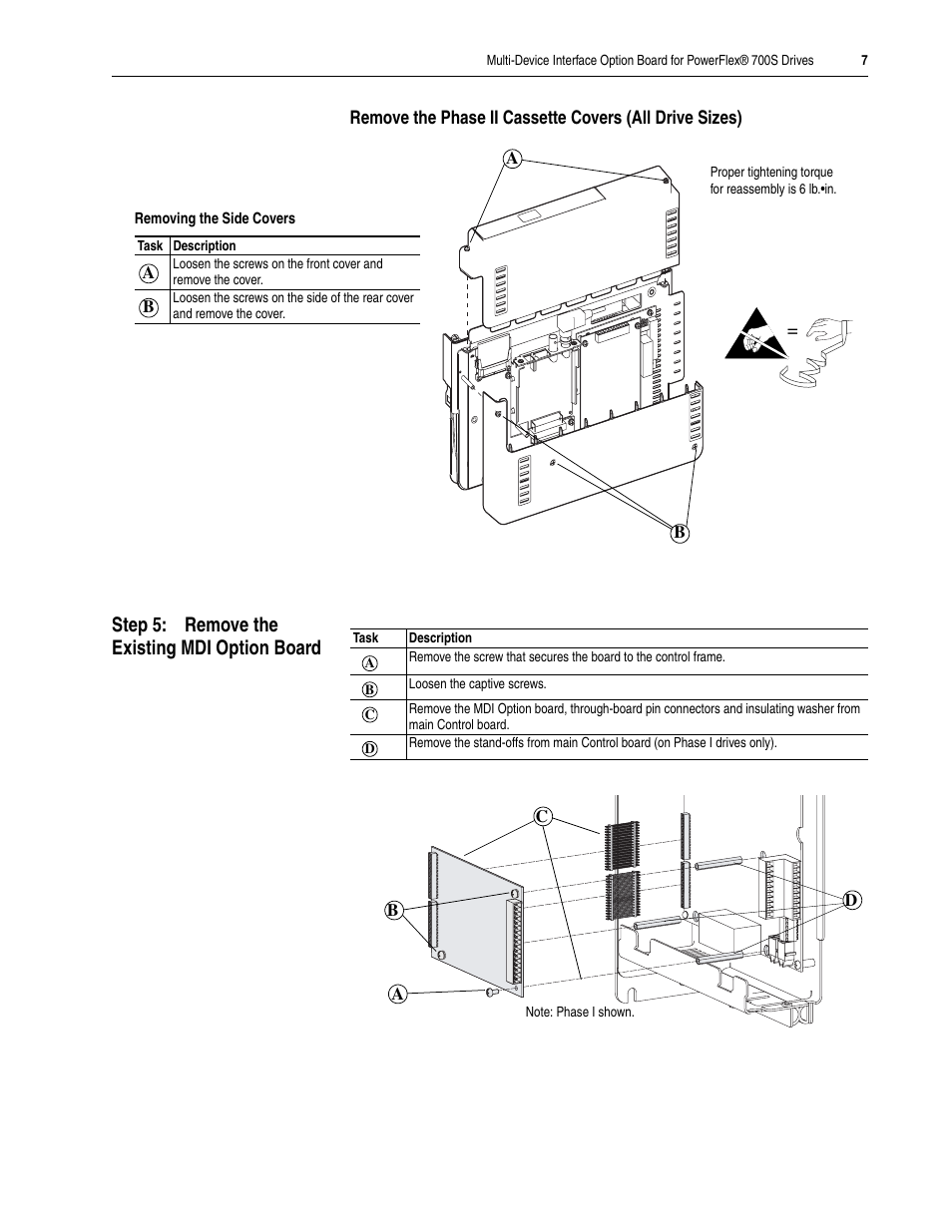 Step 5: remove the existing mdi option board | Rockwell Automation 20D-MDI-C1 Multi-Device Interface Option Board for PowerFlex 700S Drives User Manual | Page 7 / 20