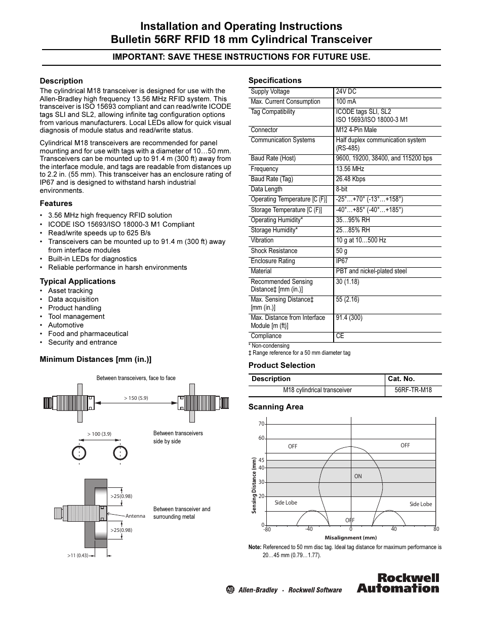 Rockwell Automation 56RF RFID 18 mm Cylindrical Transceiver User Manual | 2 pages