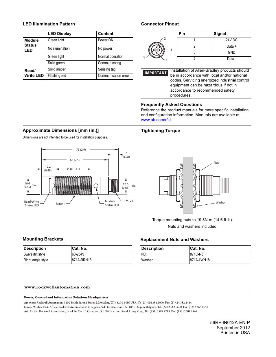 Led illumination pattern, Connector pinout, Frequently asked questions | Approximate dimensions [mm (in.), Mounting brackets, Replacement nuts and washers | Rockwell Automation 56RF RFID 18 mm Cylindrical Transceiver User Manual | Page 2 / 2