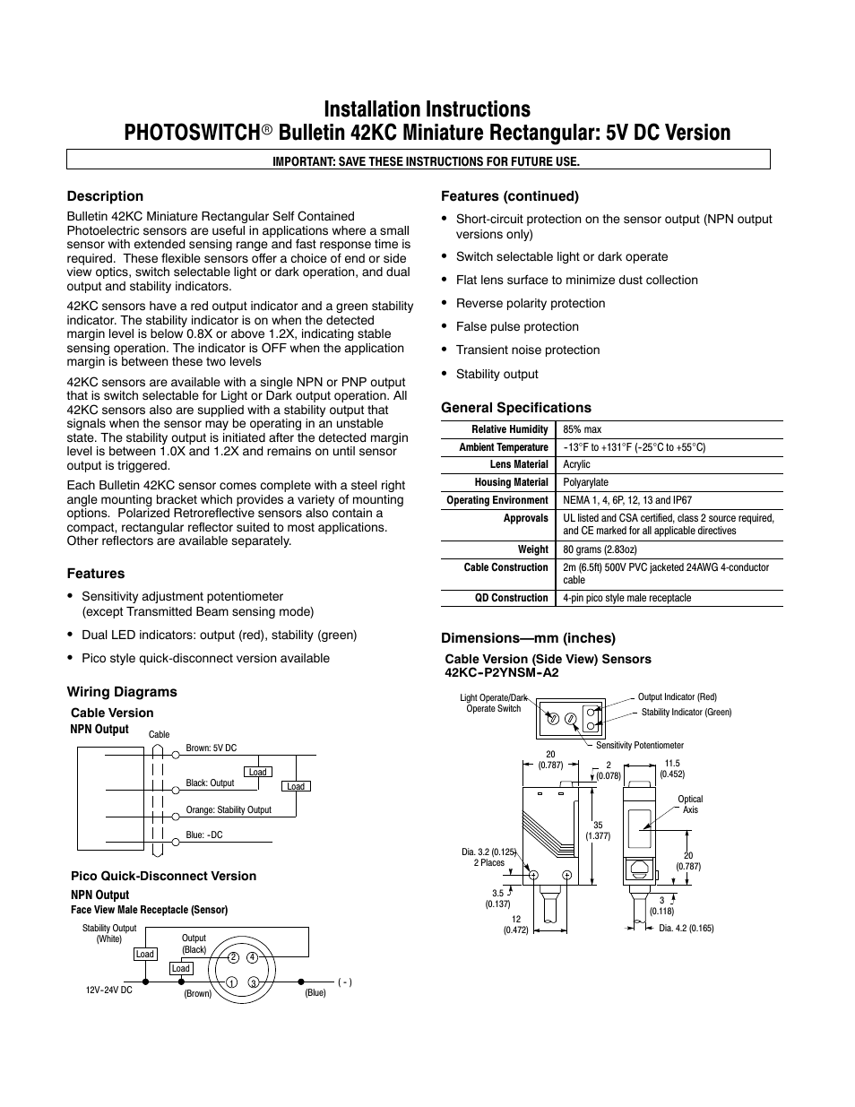 Rockwell Automation 42KC Miniature Rectangular: 5V DC Version User Manual | 2 pages