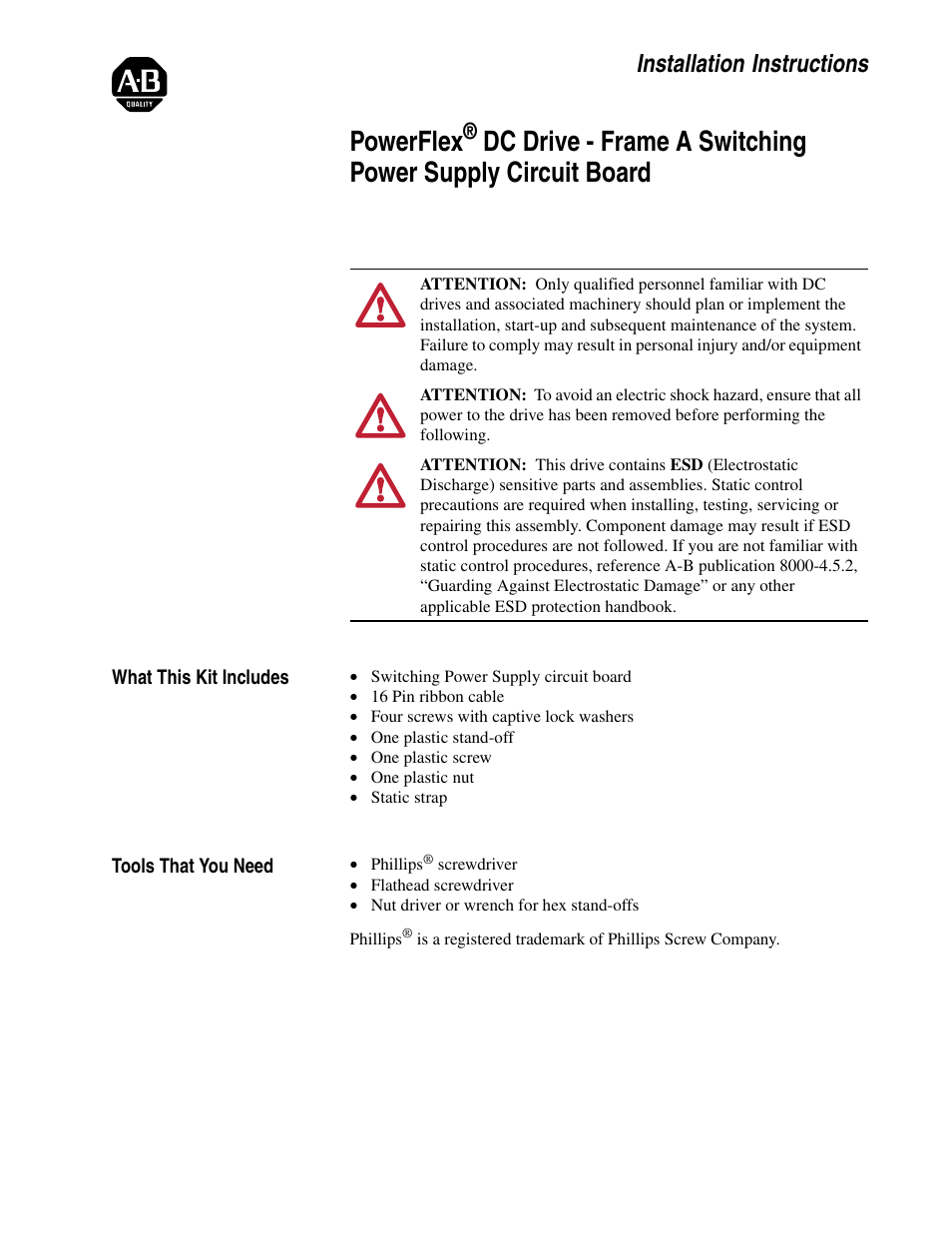 Rockwell Automation 20P PowerFlex DC Drive - Frame A Switching Power Supply Circuit Board User Manual | 16 pages