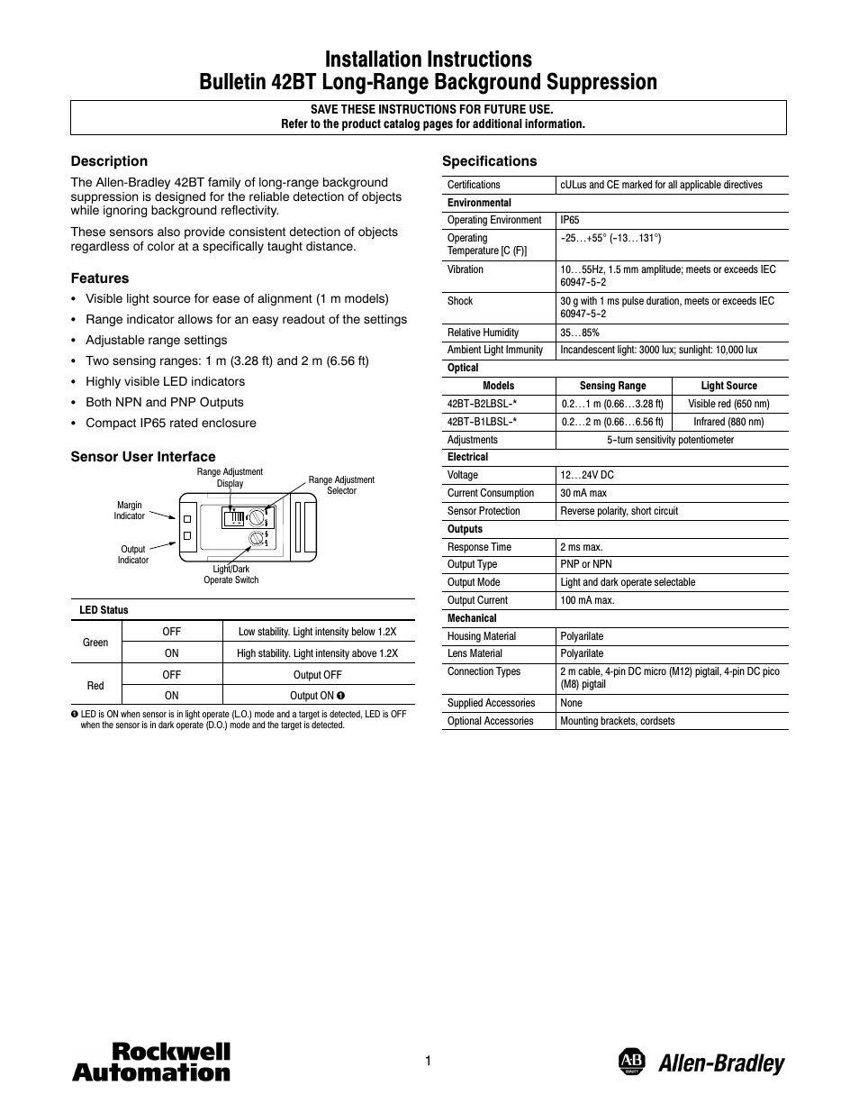 Rockwell Automation 42BT Background Suppression Sensor User Manual | 3 pages