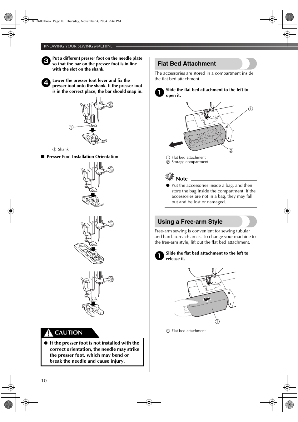 Flat bed attachment, Using a free-arm style, Caution | Brother XC6771-021 User Manual | Page 12 / 52