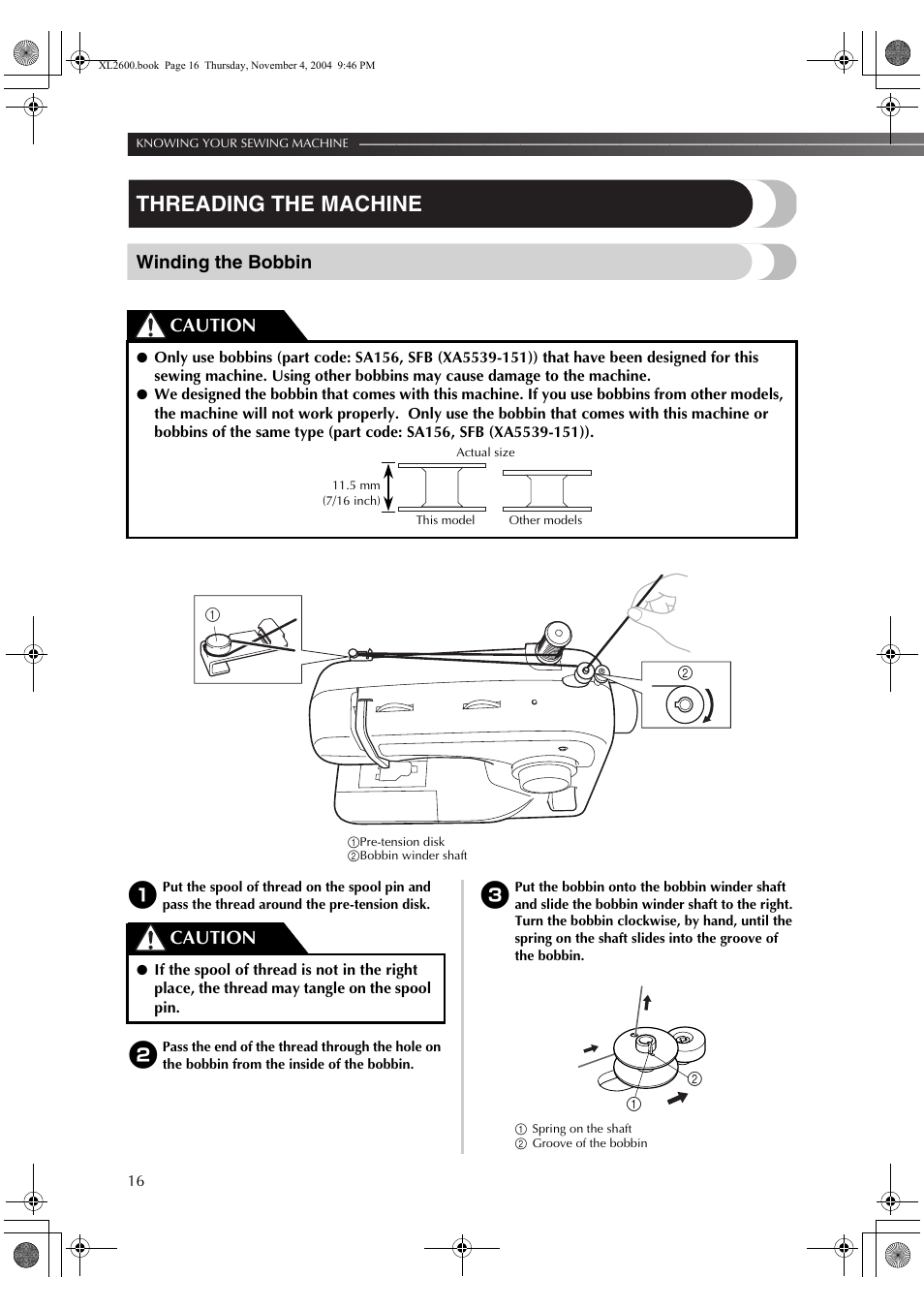 Threading the machine, Winding the bobbin, Caution | Brother XC6771-021 User Manual | Page 18 / 52