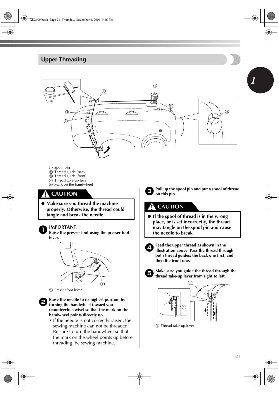 Upper threading, Caution | Brother XC6771-021 User Manual | Page 23 / 52