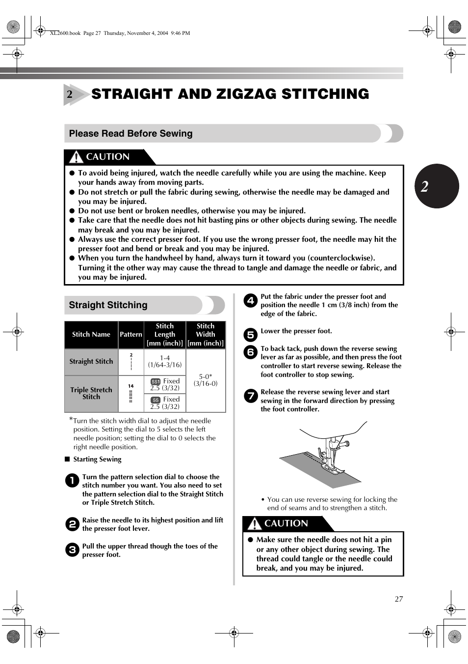 Straight and zigzag stitching, Please read before sewing straight stitching, Caution | Brother XC6771-021 User Manual | Page 29 / 52