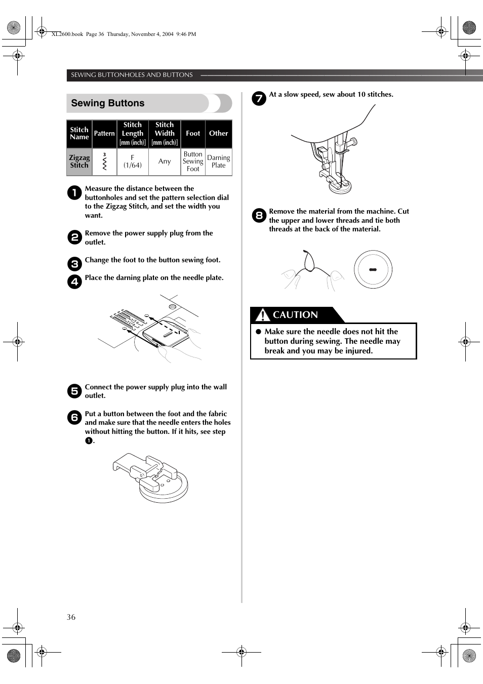 Sewing buttons, Caution | Brother XC6771-021 User Manual | Page 38 / 52