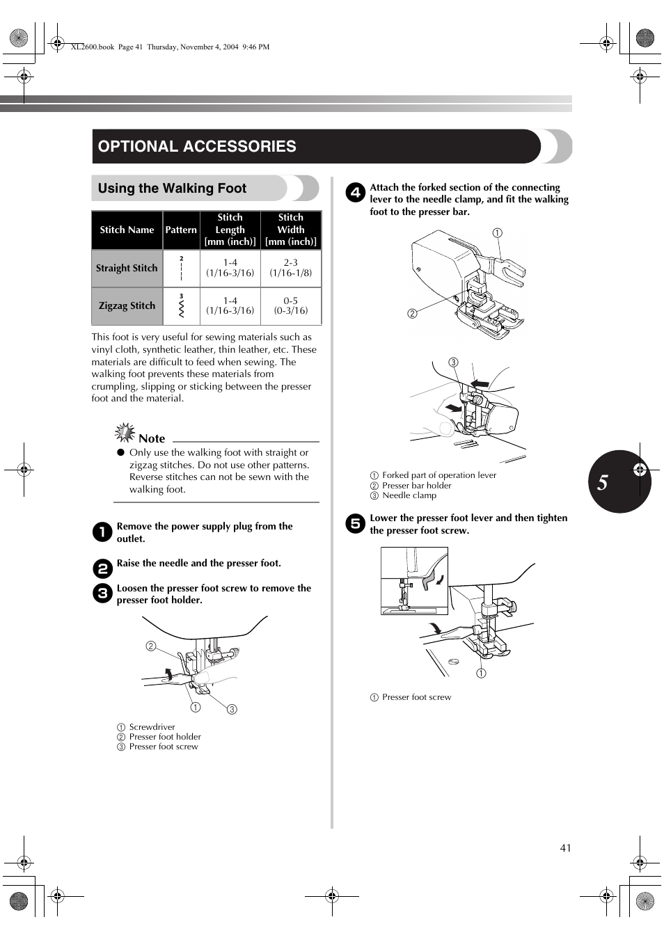 Optional accessories, Using the walking foot | Brother XC6771-021 User Manual | Page 43 / 52