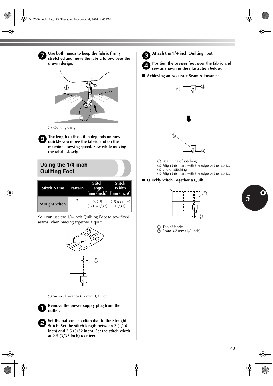 Using the 1/4-inch quilting foot | Brother XC6771-021 User Manual | Page 45 / 52