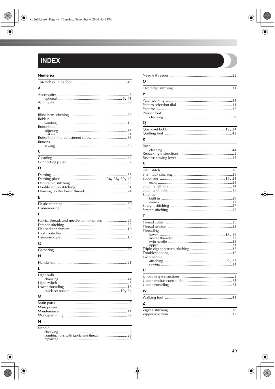 Index | Brother XC6771-021 User Manual | Page 51 / 52