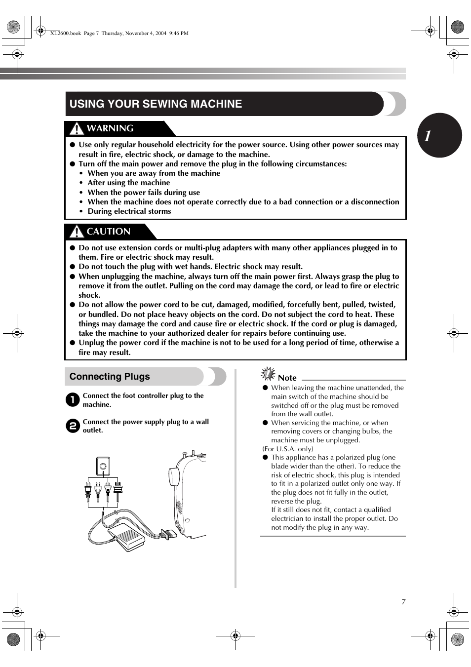 Using your sewing machine, Connecting plugs, Warning caution | Brother XC6771-021 User Manual | Page 9 / 52