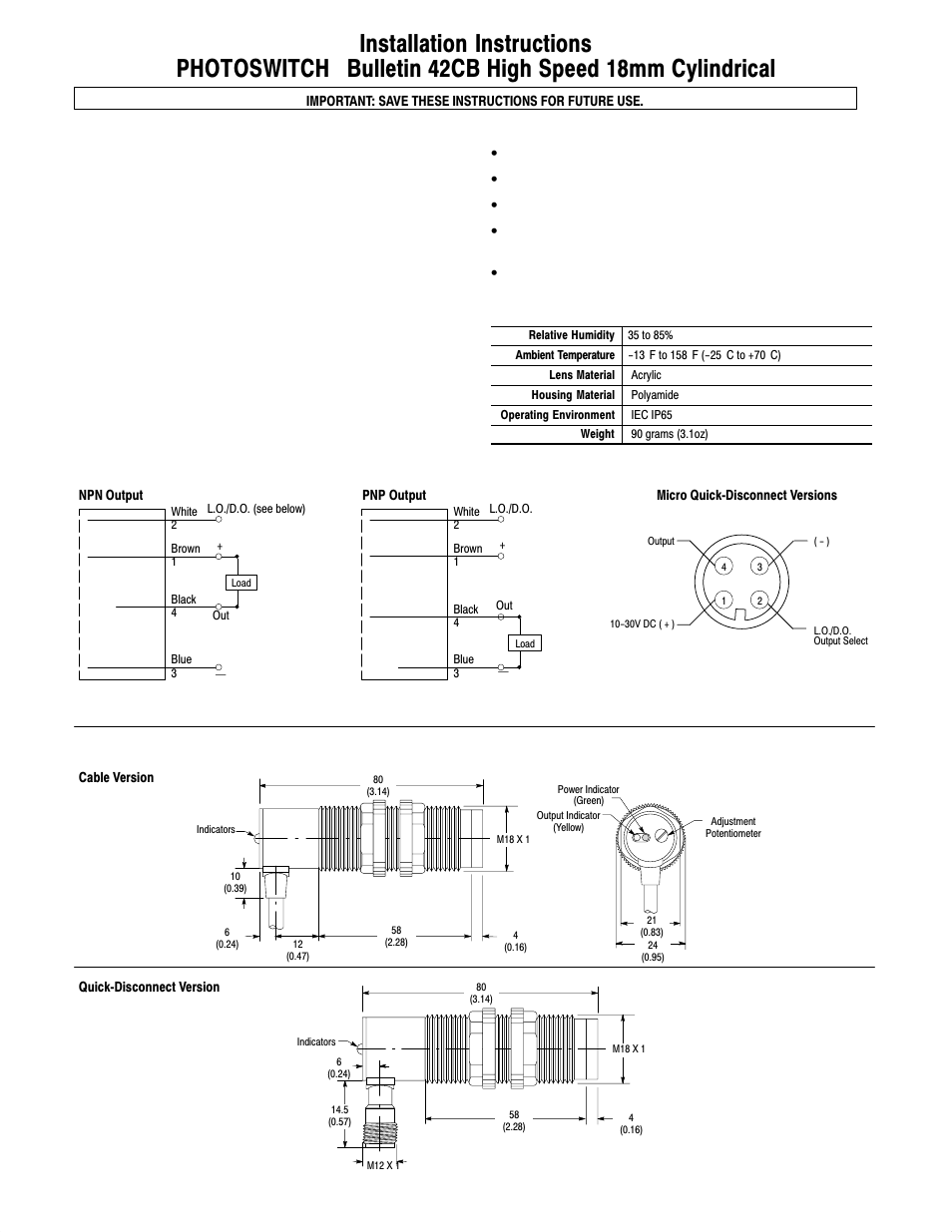 Rockwell Automation 42CB High Speed 18mm Cylindrical User Manual | 4 pages