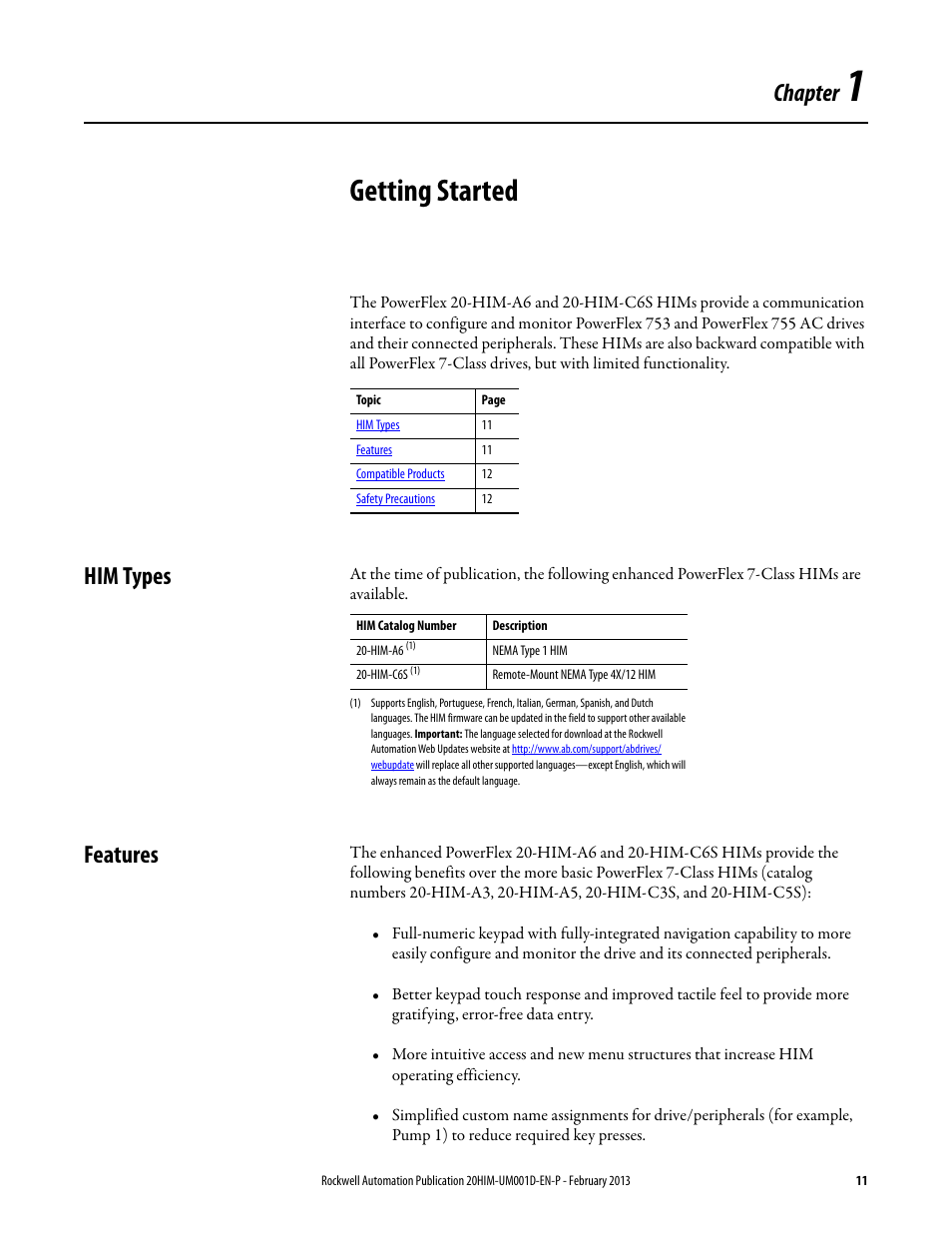 Chapter 1, Getting started, Him types | Features, Him types features | Rockwell Automation 20-HIM-C6S PowerFlex (Human Interface Module) User Manual | Page 11 / 74