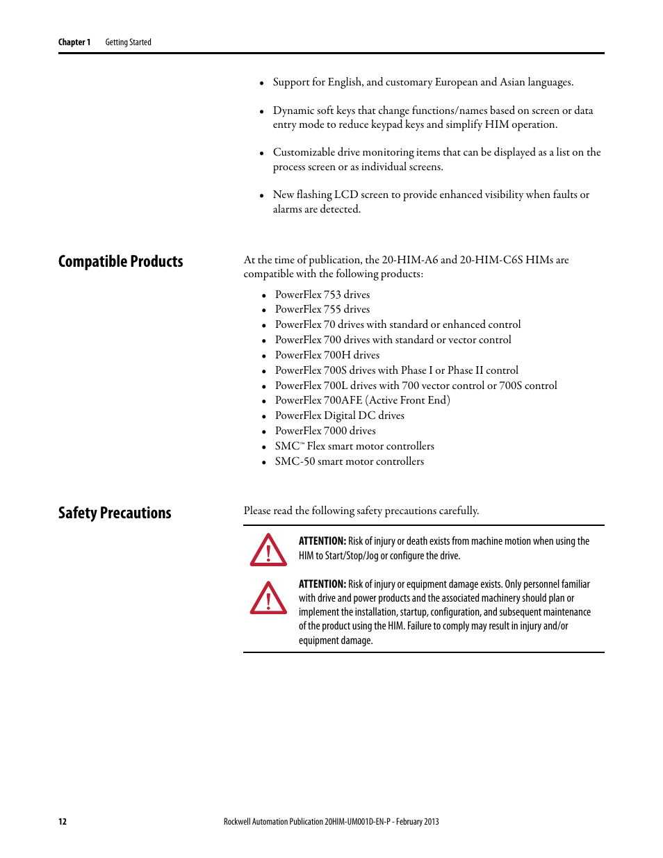 Compatible products, Safety precautions, Compatible products safety precautions | Rockwell Automation 20-HIM-C6S PowerFlex (Human Interface Module) User Manual | Page 12 / 74