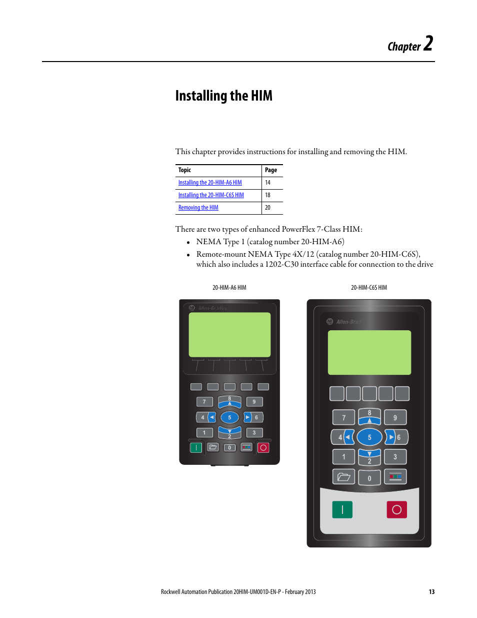 Chapter 2, Installing the him | Rockwell Automation 20-HIM-C6S PowerFlex (Human Interface Module) User Manual | Page 13 / 74