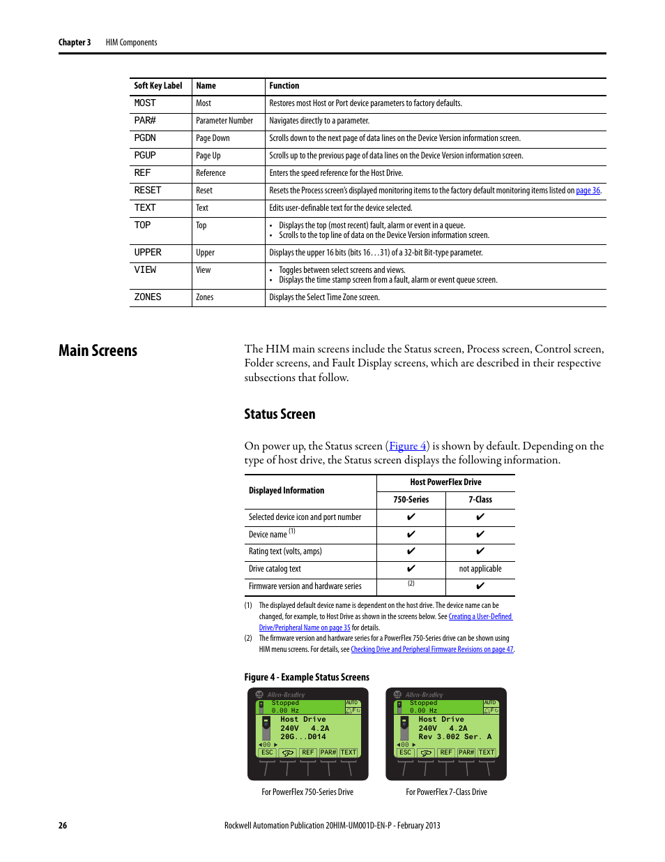 Main screens, Status screen | Rockwell Automation 20-HIM-C6S PowerFlex (Human Interface Module) User Manual | Page 26 / 74