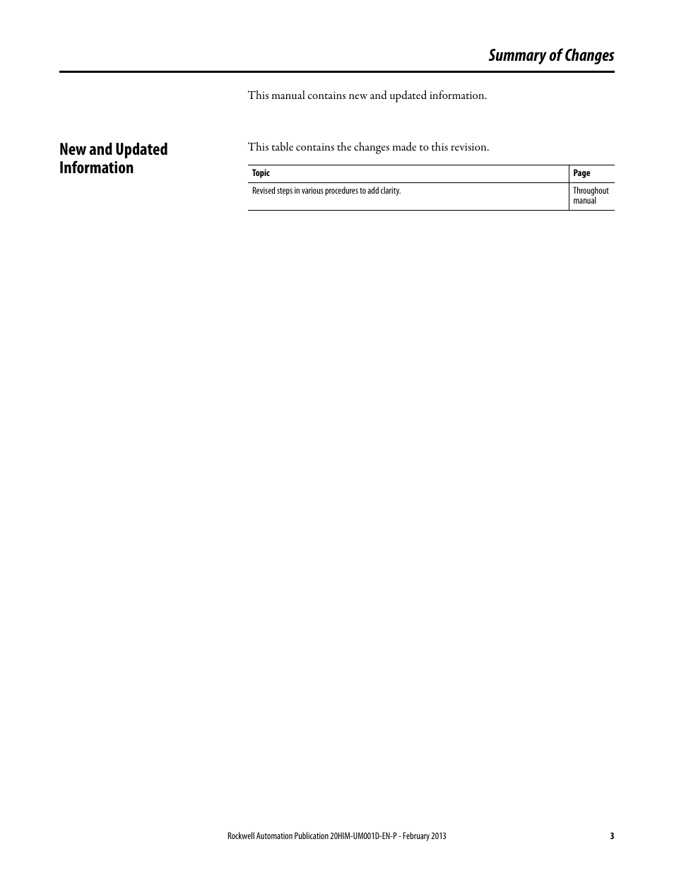 Summary of changes, New and updated information | Rockwell Automation 20-HIM-C6S PowerFlex (Human Interface Module) User Manual | Page 3 / 74