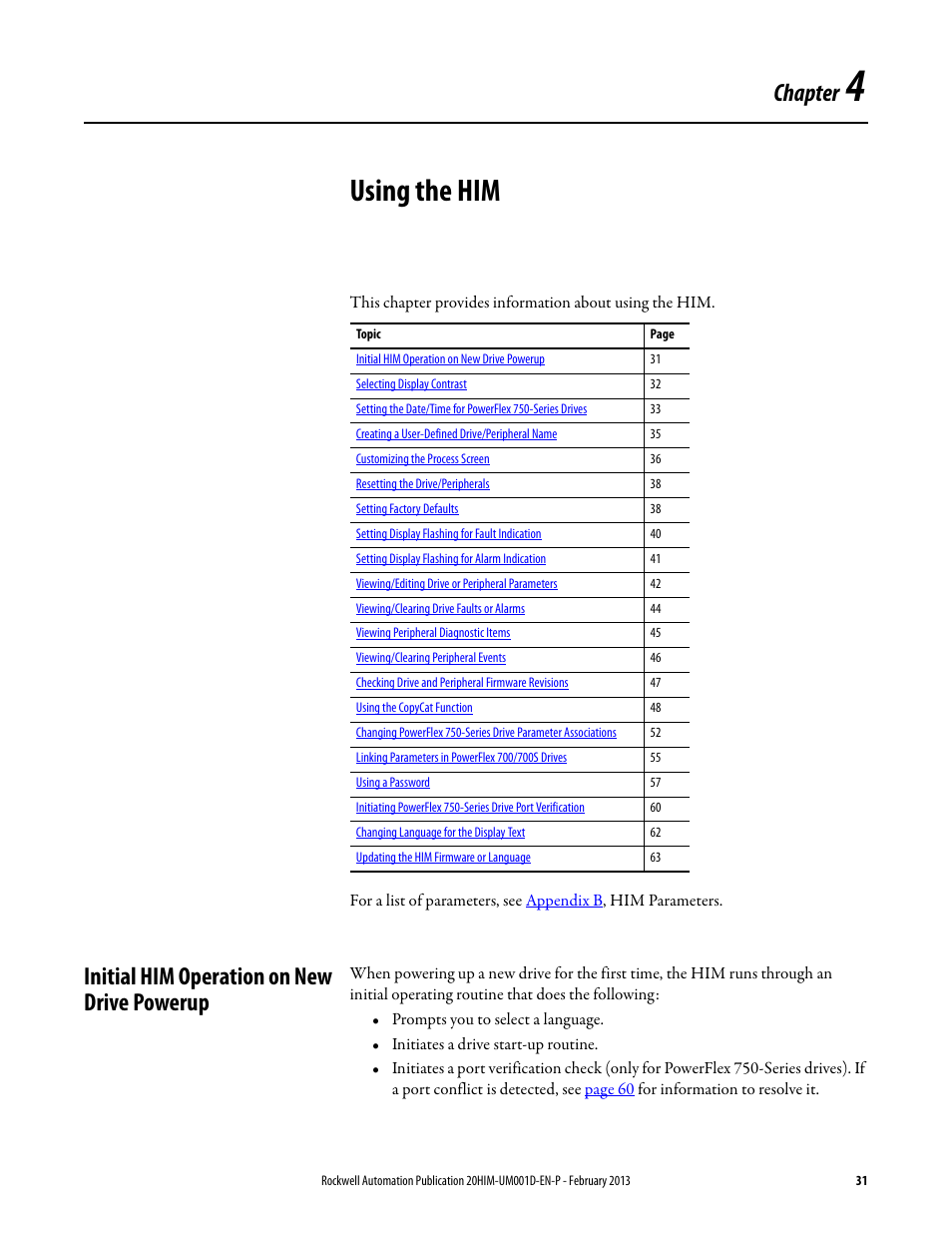 Chapter 4, Using the him, Initial him operation on new drive powerup | Chapter | Rockwell Automation 20-HIM-C6S PowerFlex (Human Interface Module) User Manual | Page 31 / 74