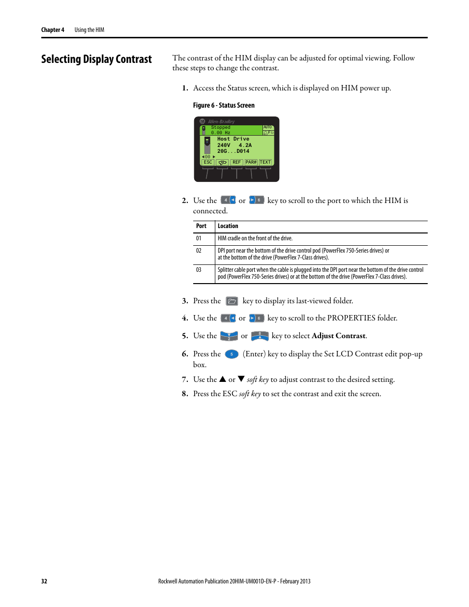 Selecting display contrast | Rockwell Automation 20-HIM-C6S PowerFlex (Human Interface Module) User Manual | Page 32 / 74