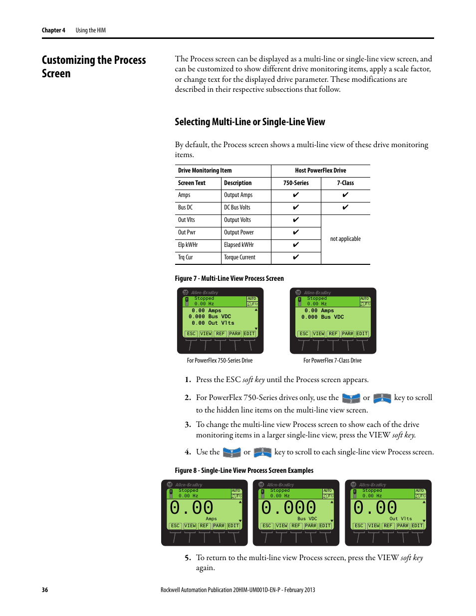 Customizing the process screen, Selecting multi-line or single-line view | Rockwell Automation 20-HIM-C6S PowerFlex (Human Interface Module) User Manual | Page 36 / 74