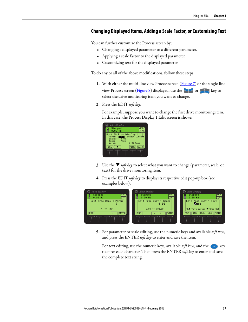 Changing displayed items, adding a scale factor, Or customizing text | Rockwell Automation 20-HIM-C6S PowerFlex (Human Interface Module) User Manual | Page 37 / 74