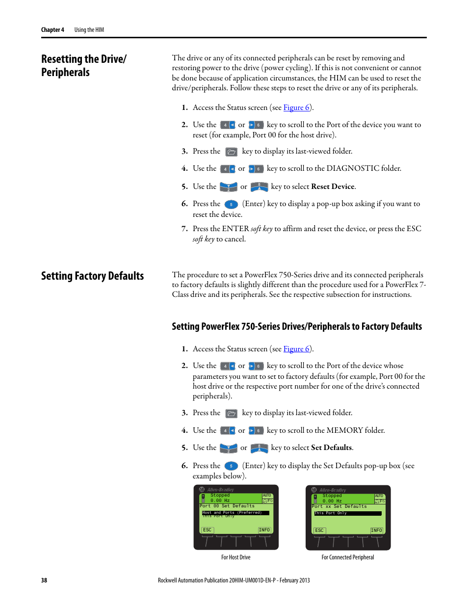 Resetting the drive/ peripherals, Setting factory defaults, Setting powerflex 750-series drives/peripherals | To factory defaults, Resetting the drive/peripherals | Rockwell Automation 20-HIM-C6S PowerFlex (Human Interface Module) User Manual | Page 38 / 74