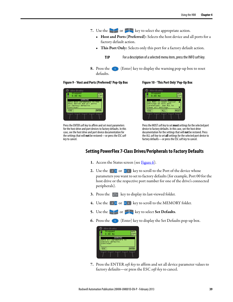 Setting powerflex 7-class drives/peripherals, To factory defaults | Rockwell Automation 20-HIM-C6S PowerFlex (Human Interface Module) User Manual | Page 39 / 74