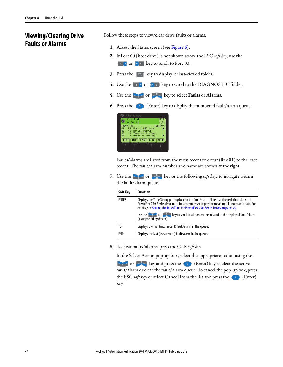 Viewing/clearing drive faults or alarms | Rockwell Automation 20-HIM-C6S PowerFlex (Human Interface Module) User Manual | Page 44 / 74