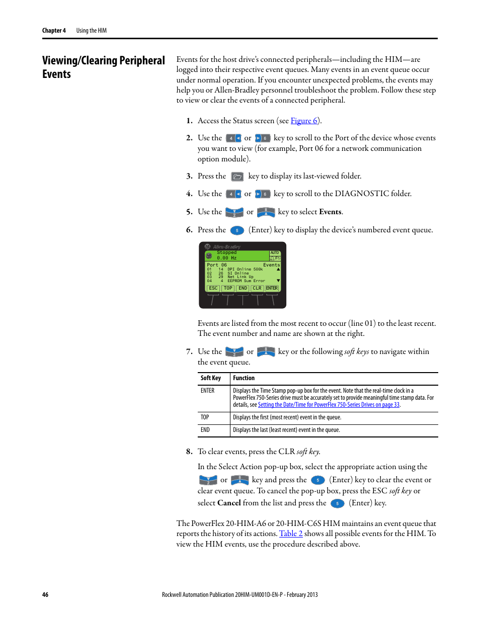 Viewing/clearing peripheral events | Rockwell Automation 20-HIM-C6S PowerFlex (Human Interface Module) User Manual | Page 46 / 74
