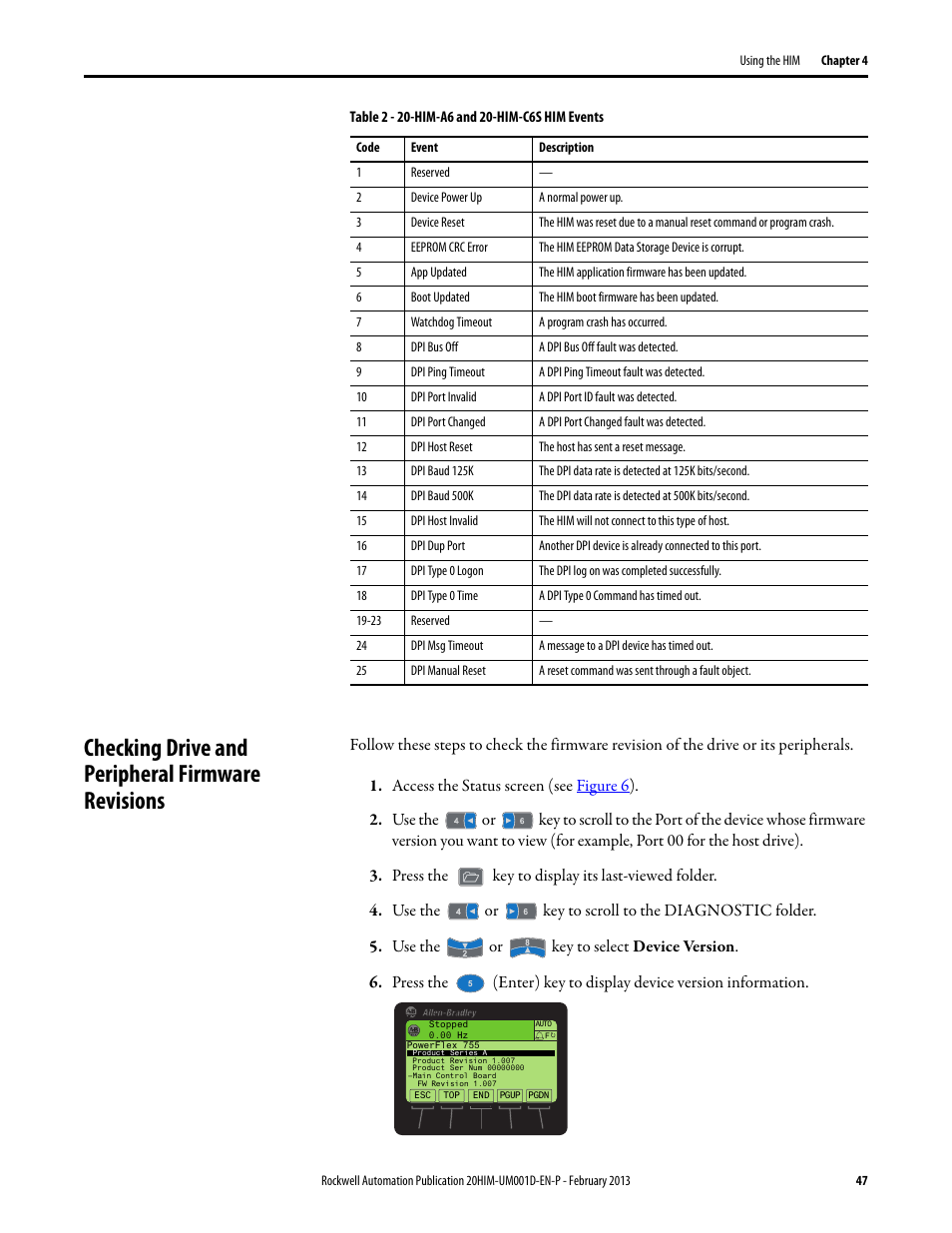 Checking drive and peripheral firmware revisions | Rockwell Automation 20-HIM-C6S PowerFlex (Human Interface Module) User Manual | Page 47 / 74