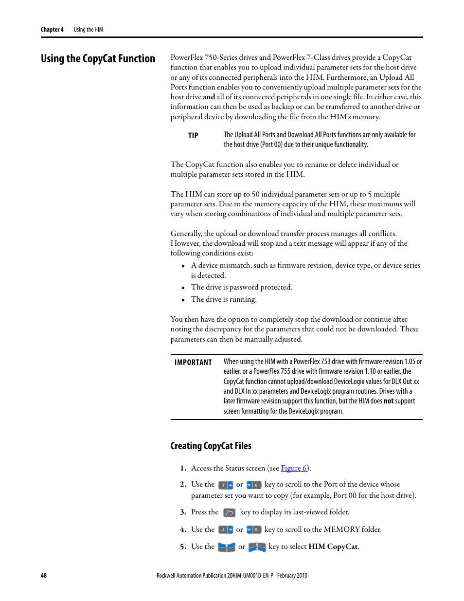 Using the copycat function, Creating copycat files | Rockwell Automation 20-HIM-C6S PowerFlex (Human Interface Module) User Manual | Page 48 / 74