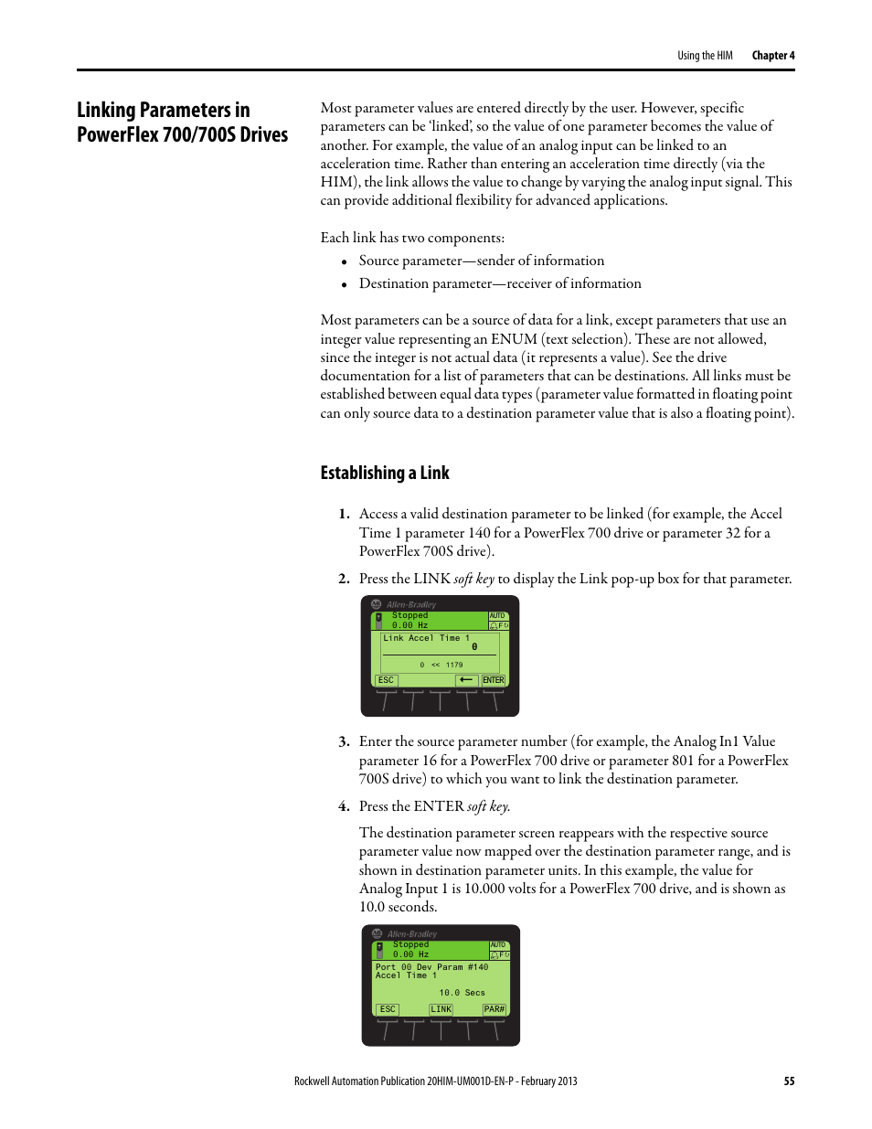 Linking parameters in powerflex 700/700s drives, Establishing a link | Rockwell Automation 20-HIM-C6S PowerFlex (Human Interface Module) User Manual | Page 55 / 74