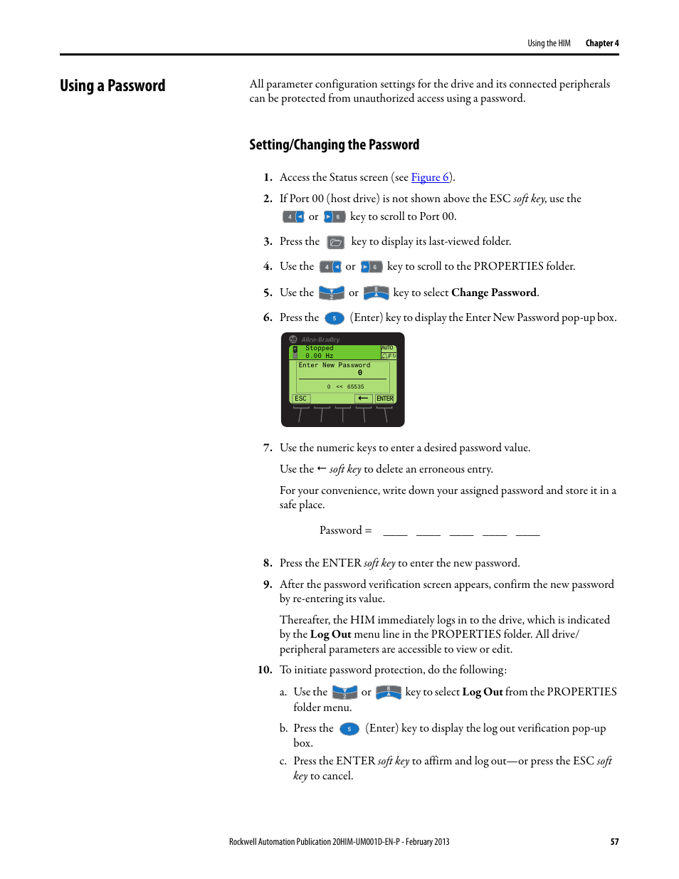 Using a password, Setting/changing the password | Rockwell Automation 20-HIM-C6S PowerFlex (Human Interface Module) User Manual | Page 57 / 74