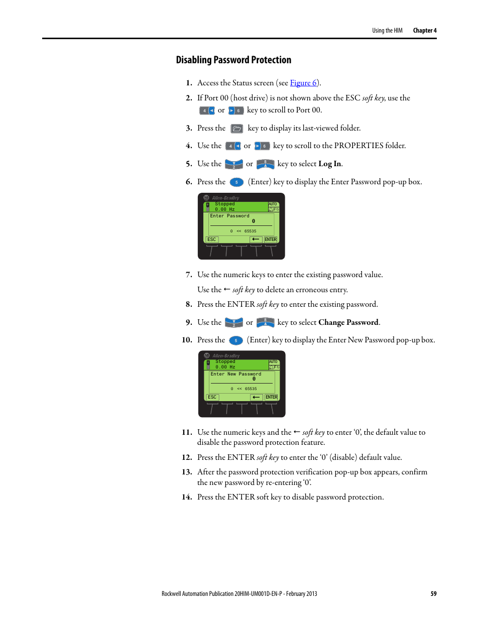 Disabling password protection | Rockwell Automation 20-HIM-C6S PowerFlex (Human Interface Module) User Manual | Page 59 / 74