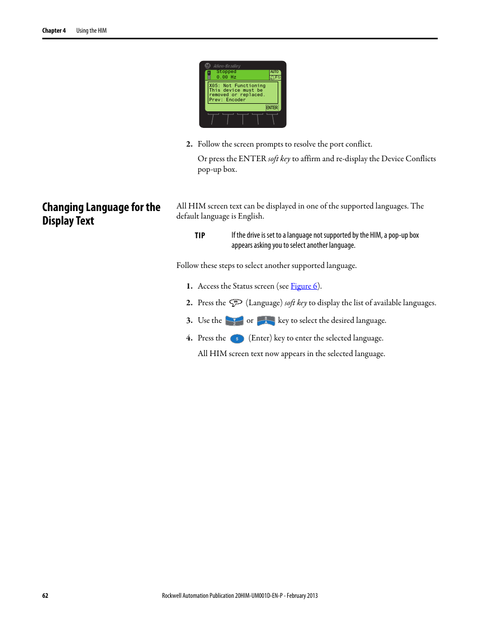 Changing language for the display text | Rockwell Automation 20-HIM-C6S PowerFlex (Human Interface Module) User Manual | Page 62 / 74