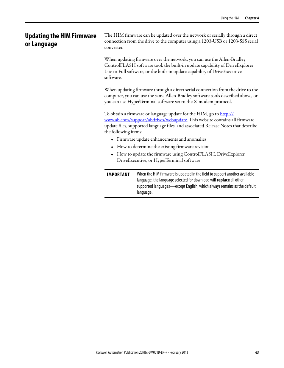 Updating the him firmware or language | Rockwell Automation 20-HIM-C6S PowerFlex (Human Interface Module) User Manual | Page 63 / 74