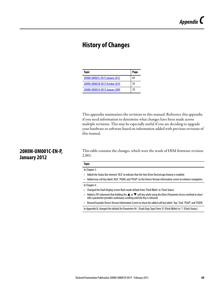 Appendix c, History of changes, 20him-um001c-en-p, january 2012 | Rockwell Automation 20-HIM-C6S PowerFlex (Human Interface Module) User Manual | Page 69 / 74