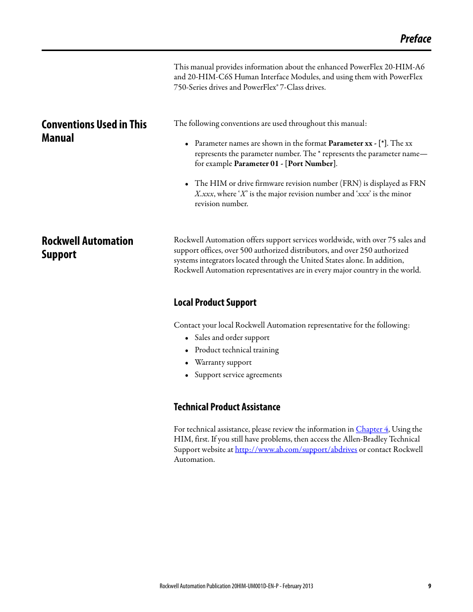 Preface, Conventions used in this manual, Rockwell automation support | Local product support, Technical product assistance, Local product support technical product assistance | Rockwell Automation 20-HIM-C6S PowerFlex (Human Interface Module) User Manual | Page 9 / 74