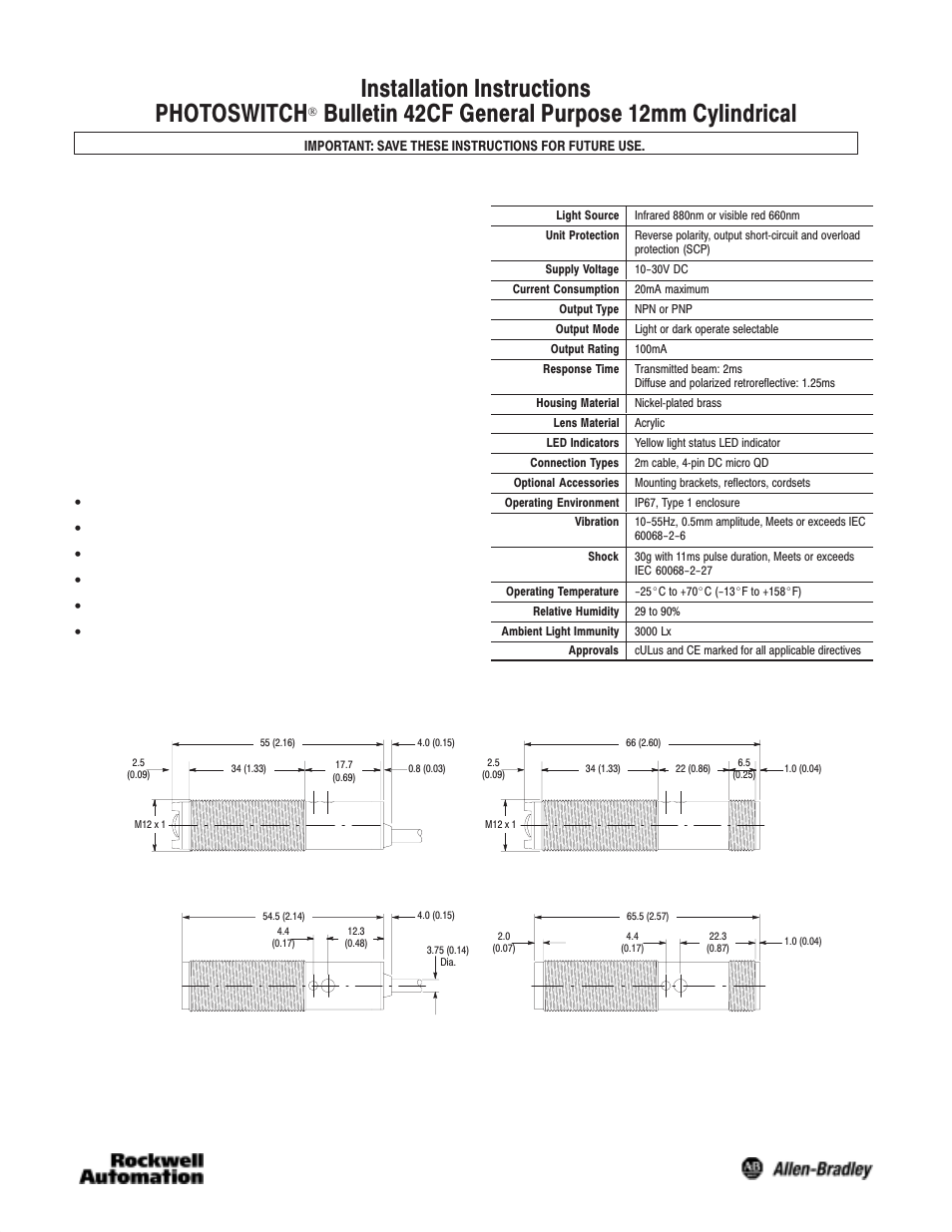 Rockwell Automation 42CF General Purpose 12mm Cylindrical User Manual | 4 pages