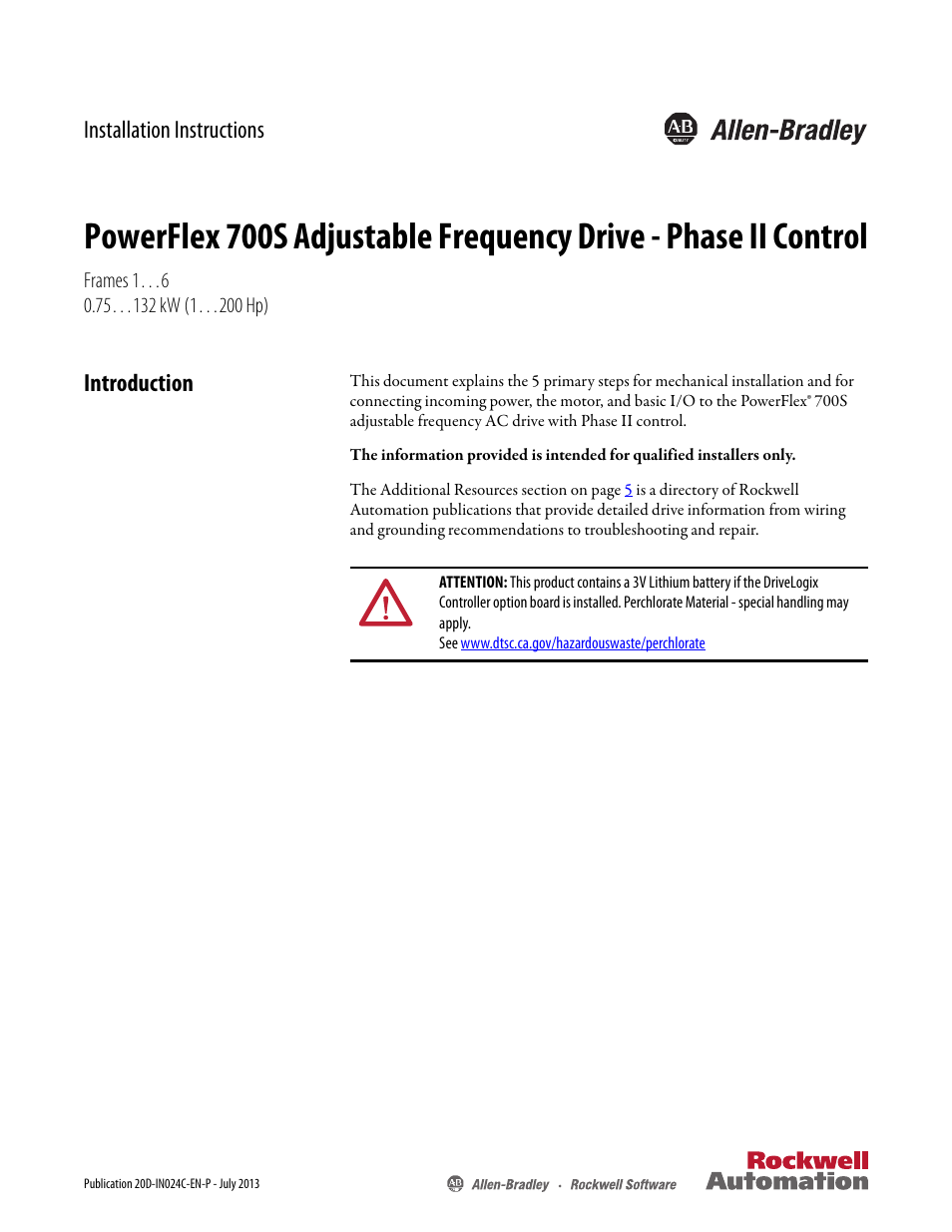 Rockwell Automation 20D PowerFlex 700S Phase II Drive Frames 1...6 Installation Instructions User Manual | 80 pages