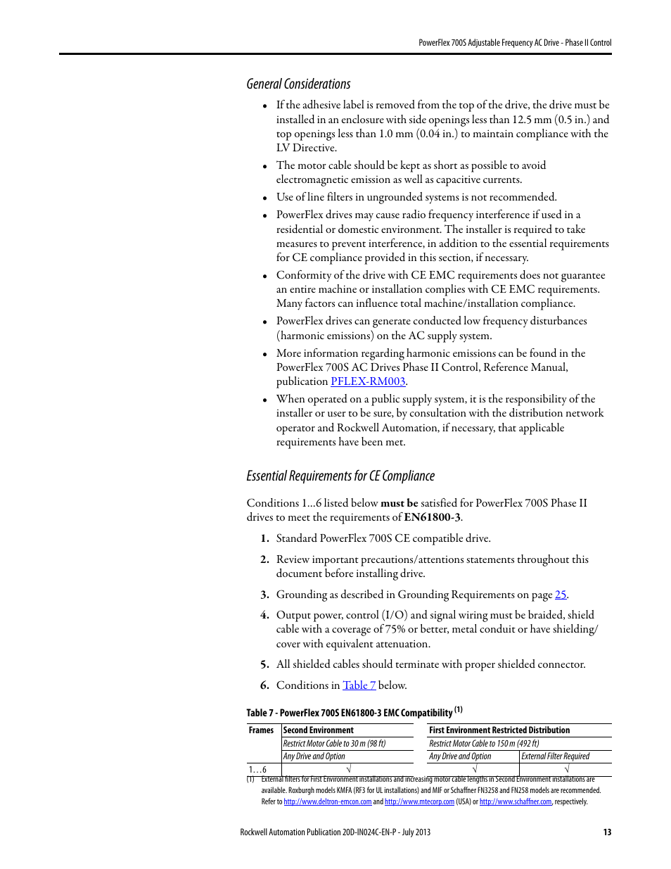 General considerations, Essential requirements for ce compliance | Rockwell Automation 20D PowerFlex 700S Phase II Drive Frames 1...6 Installation Instructions User Manual | Page 13 / 80