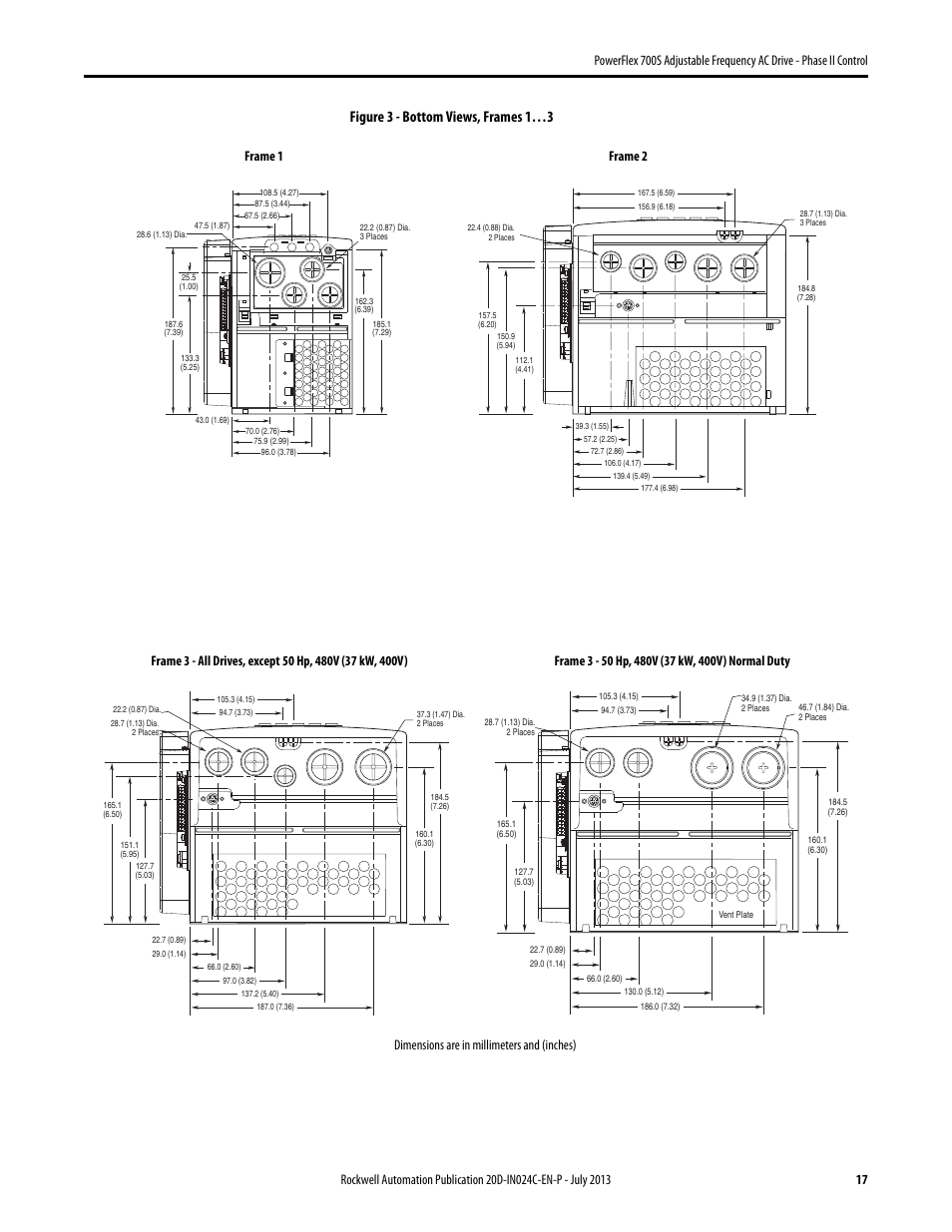 Figure 3, Figure 3 - bottom views, frames 1…3 | Rockwell Automation 20D PowerFlex 700S Phase II Drive Frames 1...6 Installation Instructions User Manual | Page 17 / 80